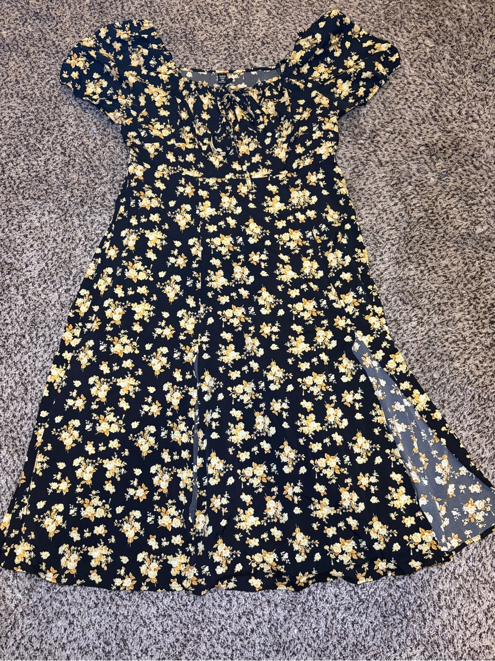 Black and Yellow Floral Puff-Sleeve Dress with Double Slits
